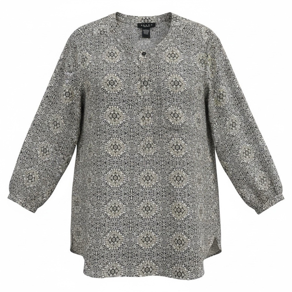 Grace Women's Button Up Blouse Large Black White Geometric Print Long Sleeve